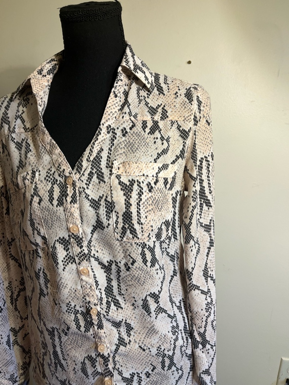 Snake Print Button-Up Blouse in Light Pink and Black